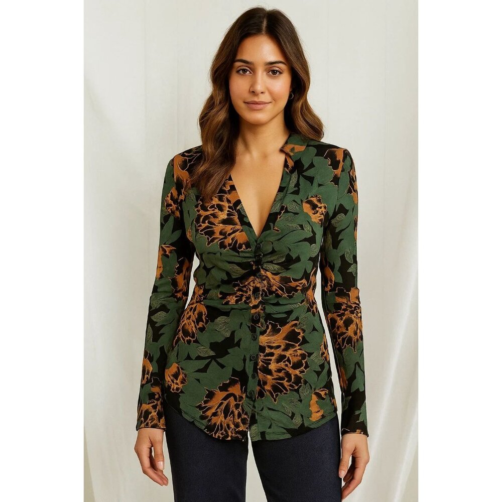 Free People Green & Orange Floral Print Button-Down Blouse - Medium
